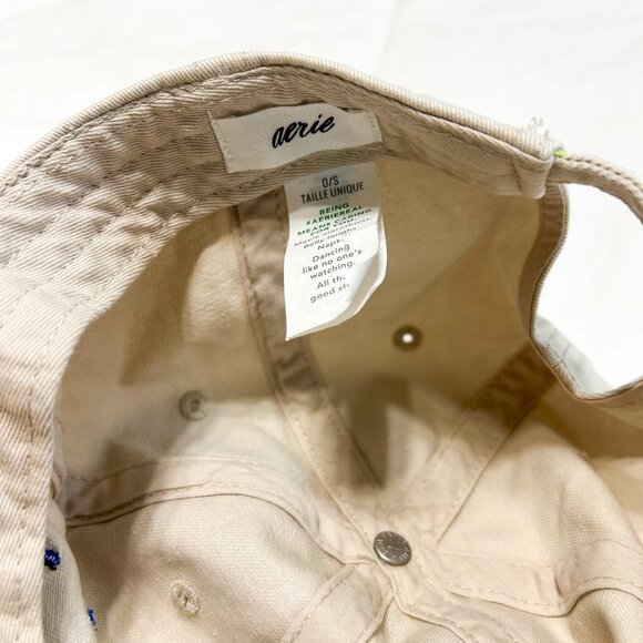 NWOT Aerie Smiley Face Embroidered Baseball Cap Adjustable Strap O/S Beige Blue - Picture 3 of 4